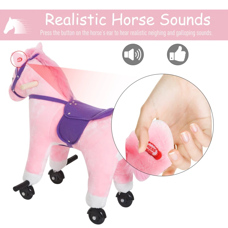 Qaba Kids Walking Pony Ride on Horse Rocking Toy Wheels & Footrest Neigh Sound Child Gift Pink