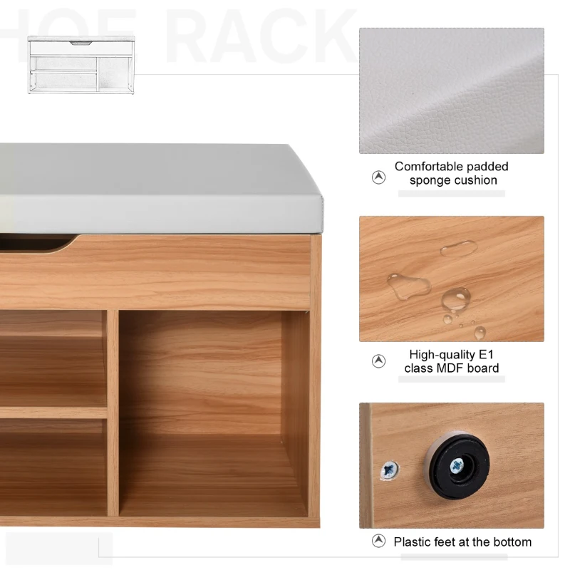 HOMCOM Shoe Rack Bench, Storage Organizer with Padded Cushion, Shelves, Hidden Compartments for Shoes, Boots, High Heel, Brown