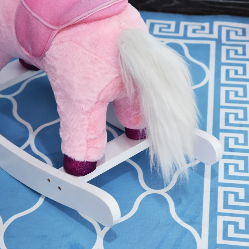 Qaba Unicorn Rocking Horse Toy with Sound for Kids  Wooden Plush Ride-On Rocker Battery Operated - Pink