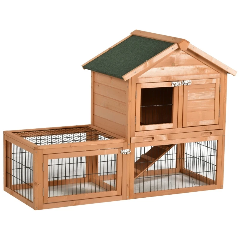 PawHut 53" Wooden Rabbit Hutch Bunny House Poultry Cage With Outdoor Run, Removable Tray, Ramp and Weatherproof Roof