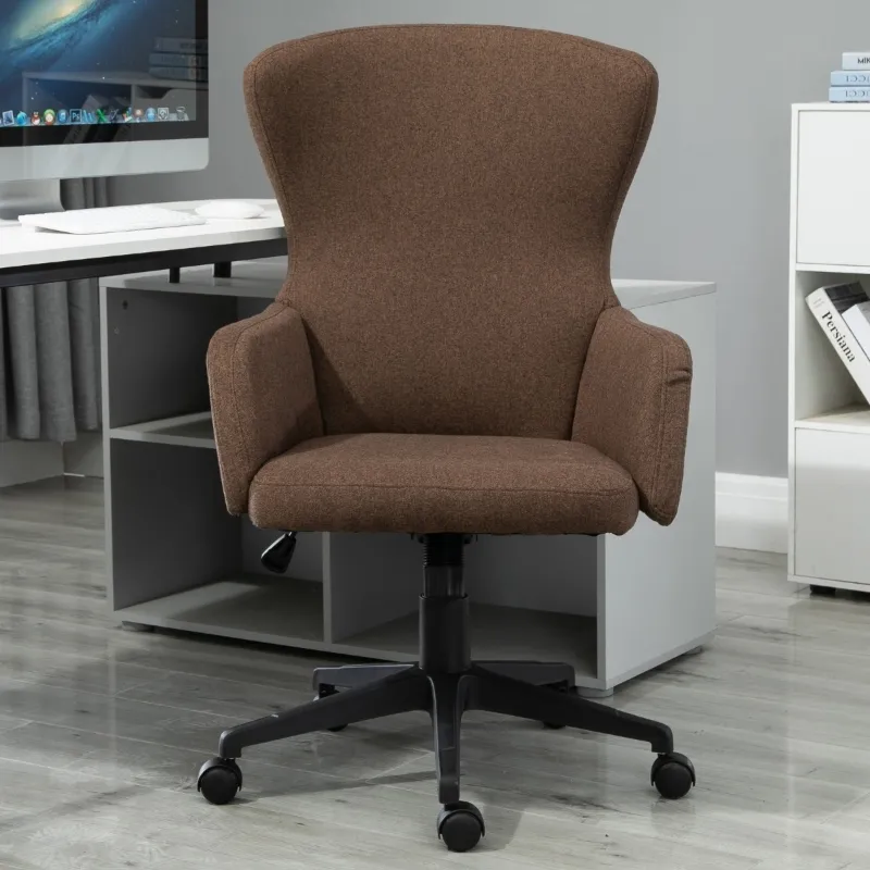 Vinsetto Swivel Office Chair Modern Linen Upholstered Home Computer Desk Task Chair with Cushioned Arm, Wheels, Adjustable Height, Brown