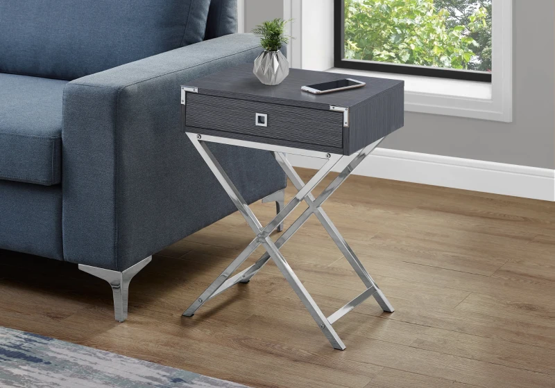 Monarch 24" Contemporary Accent Side End Table with Large Storage Drawer and Metal X-Design Legs - Grey Wood Grain-Look / Chrome Metal Legs