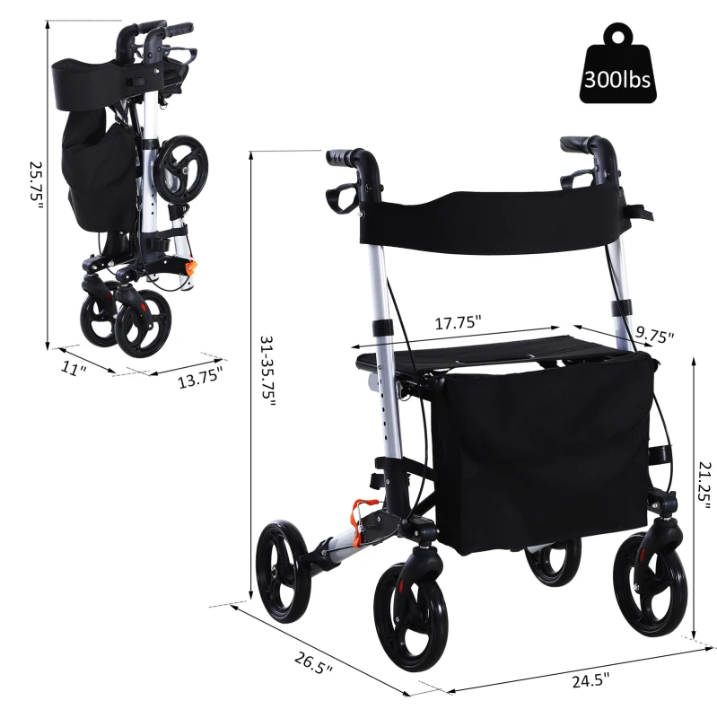 HOMCOM Rollator Walker 1-Step Open with Seat  Storage  Wheelchair