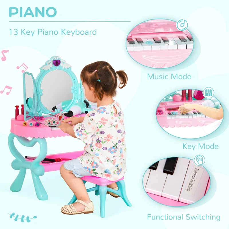 Qaba 2 In 1 Musical Piano Kids Dressing Table Set, 32 PCS Vanity Make Up Desk, Children Pretend Toy, with Beauty Kit, Mirror, Stool, Light, for 3-6 Years Old, Pink, Blue