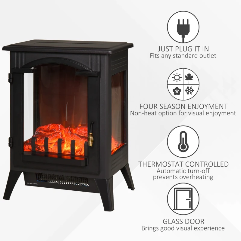 HOMCOM 23" Electric Fireplace Heater, Fire Place Stove with Realistic LED Flames and Logs and Overheating Protection, 750W/1500W, Black