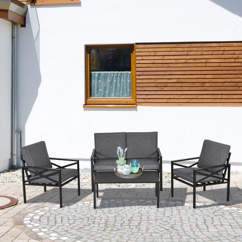 Outsunny 4-Piece Patio Furniture Set Garden Conversation Set with Soft Washable Cushions & Strong Steel Frame, Grey