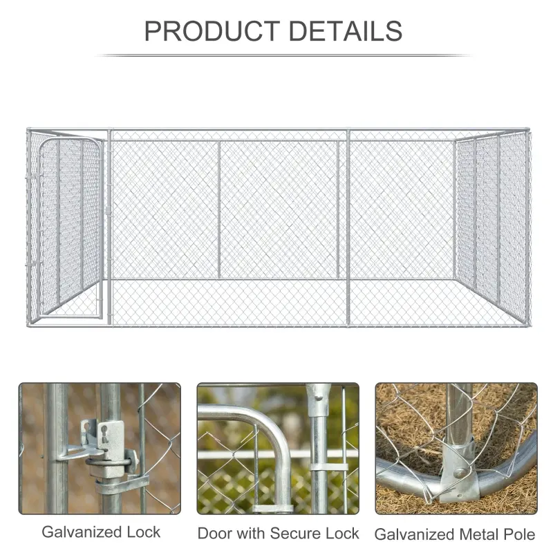PawHut Dog Kennel Outdoor Galvanized Chain Link Fence Heavy Duty Pet Run House Chicken Coop with Secure Lock Mesh Sidewalls for Backyard Garden Silver, 15' L x 15' W x 5.9' H
