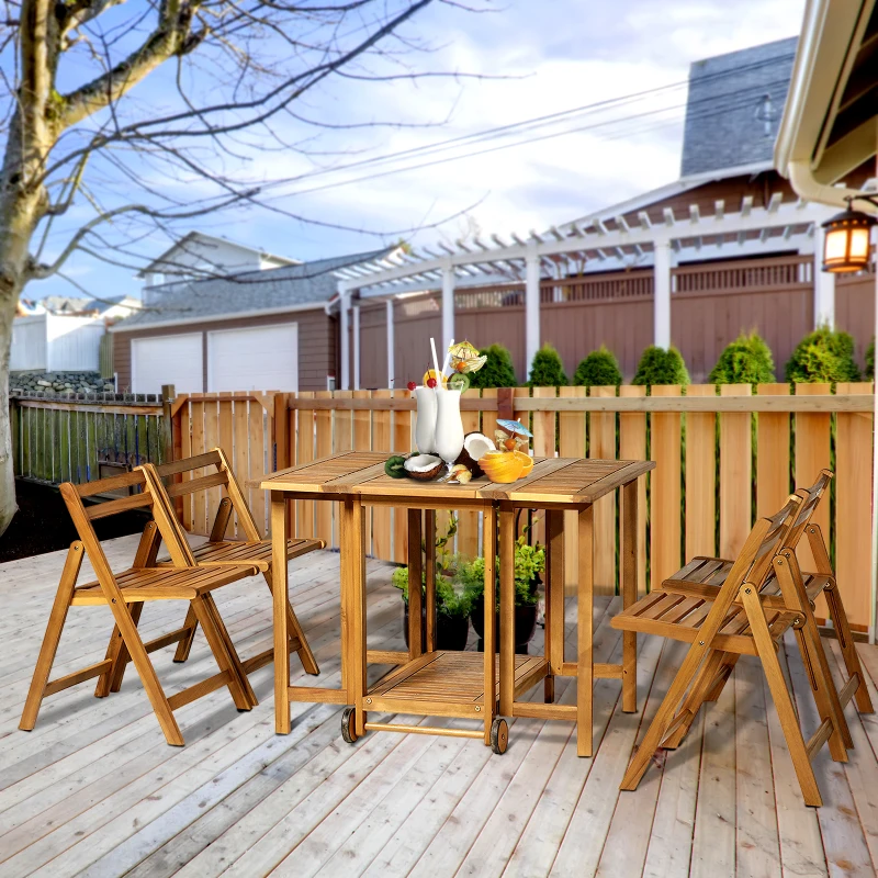 Outsunny 5pcs Acacia Wood Dining Set Expandable Table Compact Folding Chair