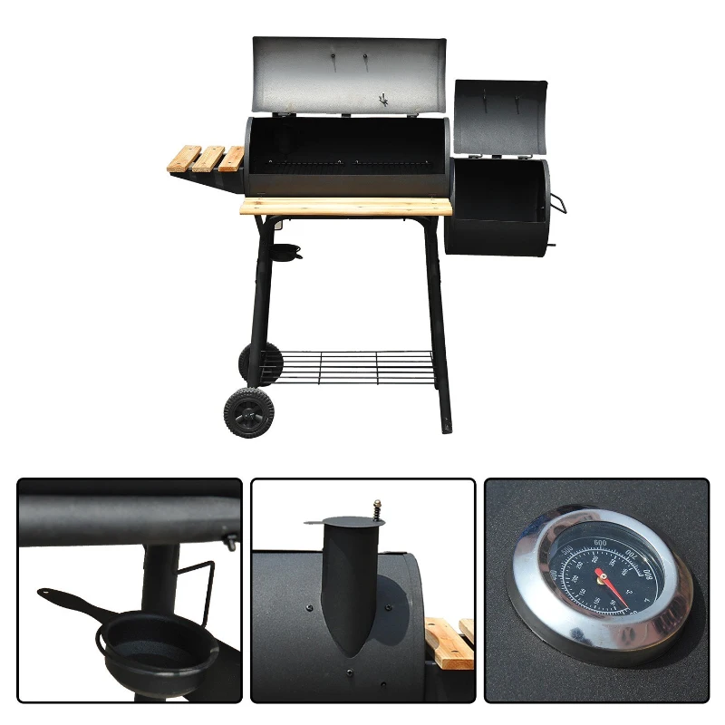 Outsunny Free Standing Charcoal BBQ Grill Barbecues 2 Burners Cooking with Wheels Black
