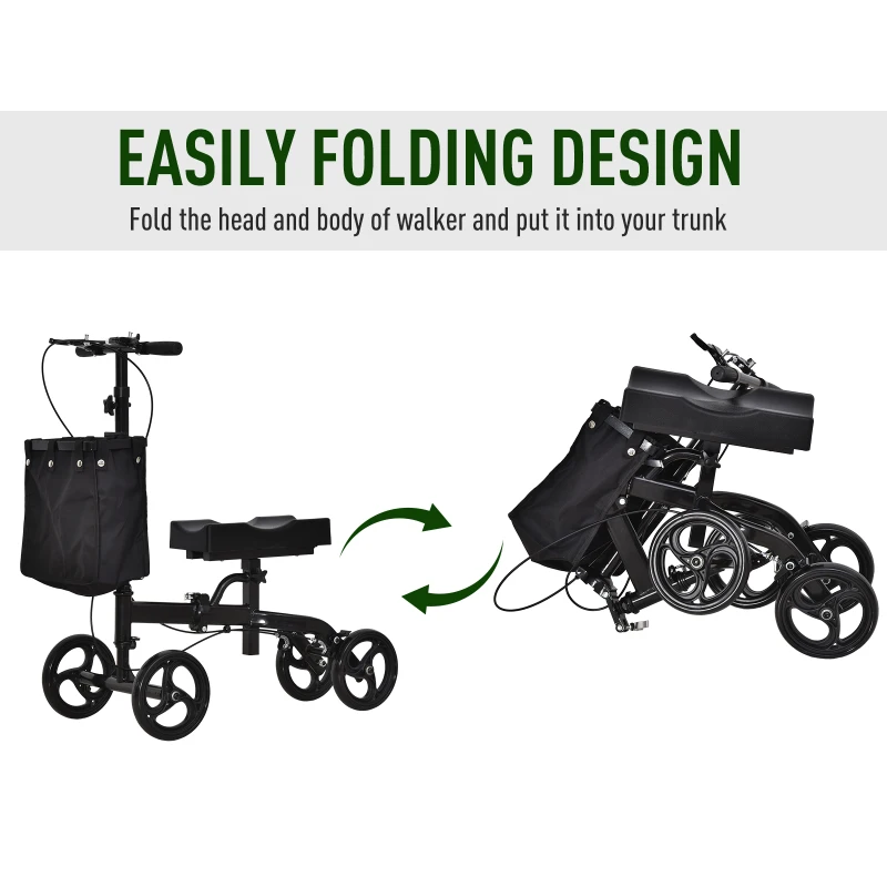 HOMCOM Knee Walker w/ Basket Safety Lock Crutch Alternative PU Seat Rehabilitating Rollator Black