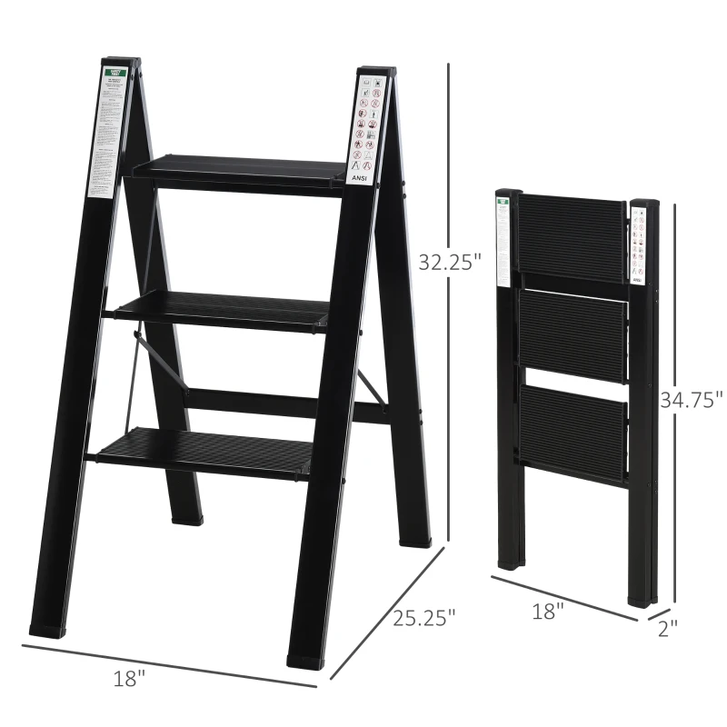 HomCom Multi-Purpose Folding Aluminum Ladder with 3 Platform Steps & Strong Durable Build for Indoors & Outdoors, Black
