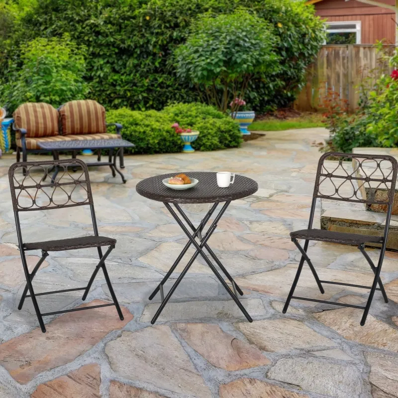 Outsunny 3PC Rattan Wicker Bistro Set w/ Folding Design, Hand Woven Rattan Table and Chairs for Outdoor, Brown