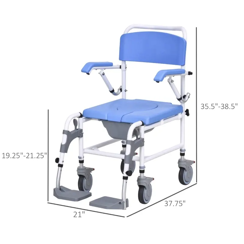 HOMCOM Accessibility Commode Wheelchair, Rolling Shower Wheelchair with 4 Castor Wheels, Rectangle Detachable Bucket, & Waterproof Design, 17" Seat Width, Blue