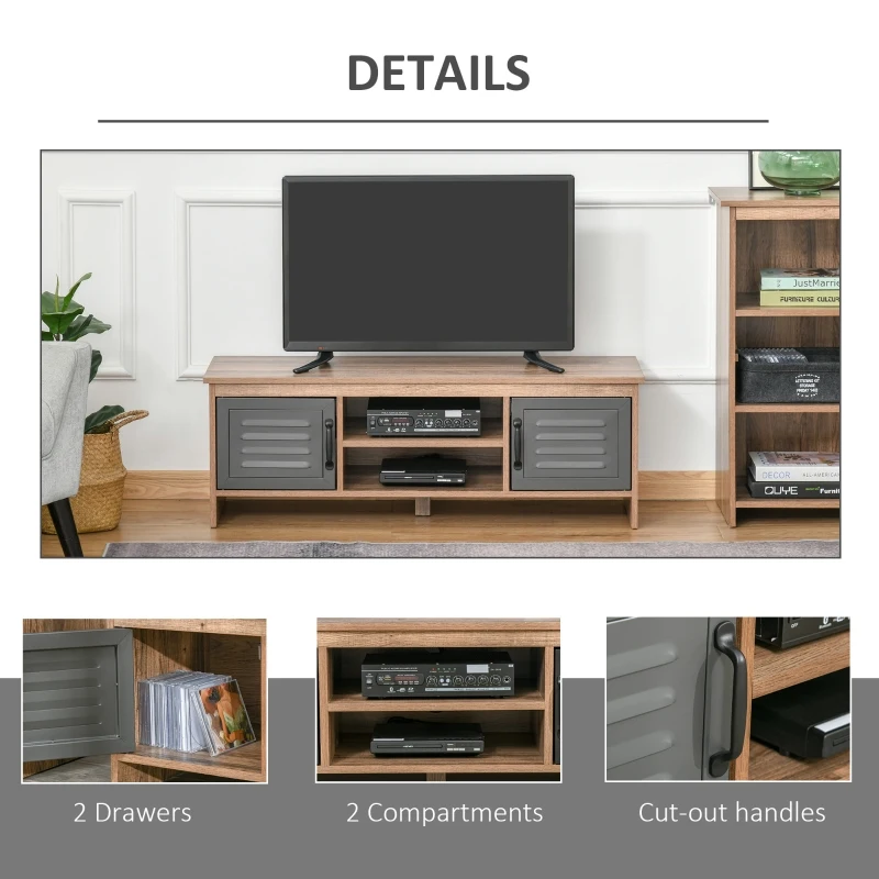 HOMCOM TV Stand Cabinet with Large Tabletop, 2 Locker Style Cupboards, 2 Storage Shelves and Elevated Base for Bedroom, Brown/Grey