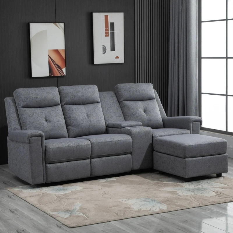 HOMCOM Modern L-Shaped Sectional with Chaise, 3 Seater Manual Recliner with Ottoman, Storage Console, Cup Holders, USB Charging, Gray