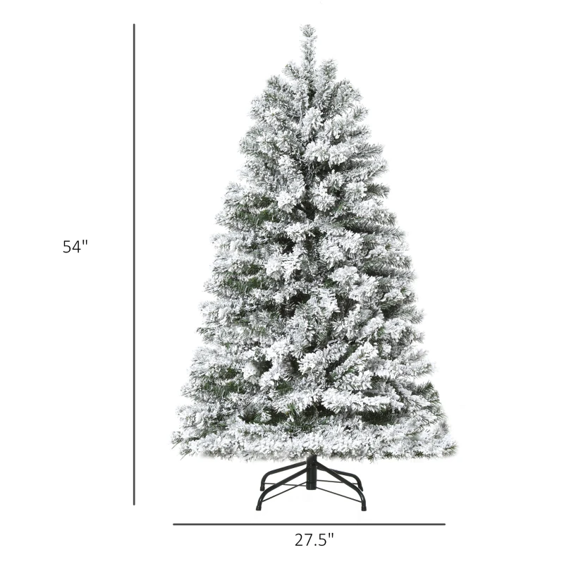 HOMCOM 4.5ft Tall Pre-Lit Snow-Flocked Artificial Christmas Tree with Realistic Branches, 200 Warm White LED Lights and 400 Tips