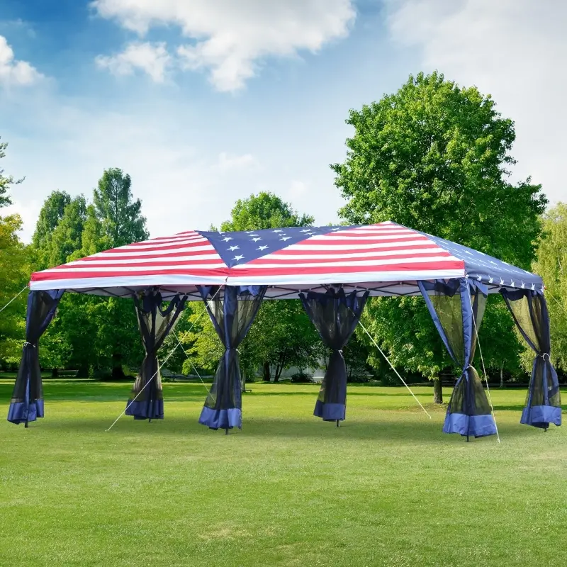 Outsunny 10x20 Pop Up Canopy Party Tent with Removable Mesh Sidewalls - American Flag Print