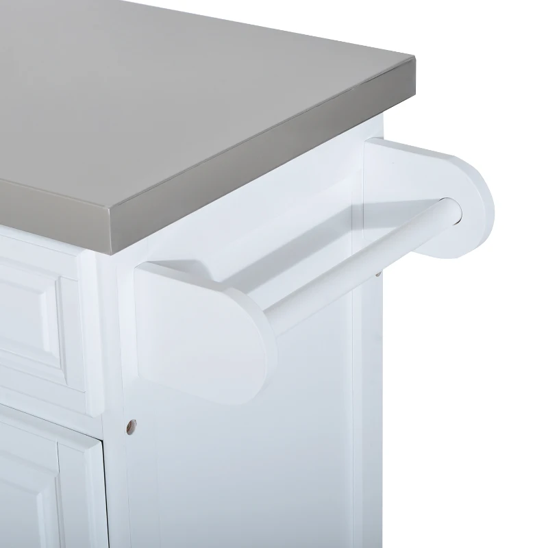 HOMCOM Rolling Kitchen Island with Storage, Portable Kitchen Cart with Stainless Steel Top, 2 Drawers, Spice, Knife and Towel Rack and Cabinets, White