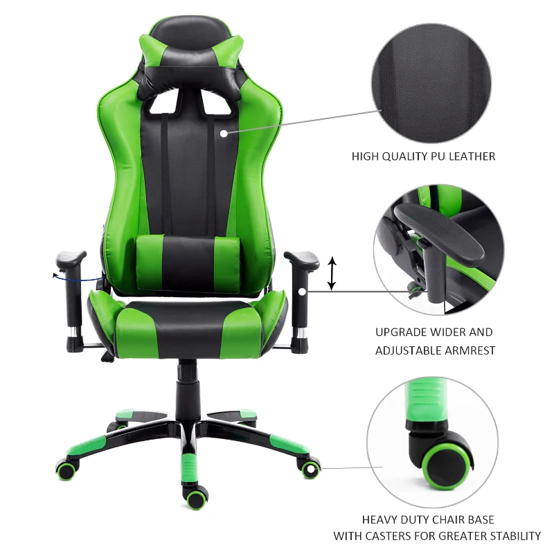 HOMCOM Executive Gaming Racing Office Chair with Waist Neck Cushions 360° Swivel (Green/Black)