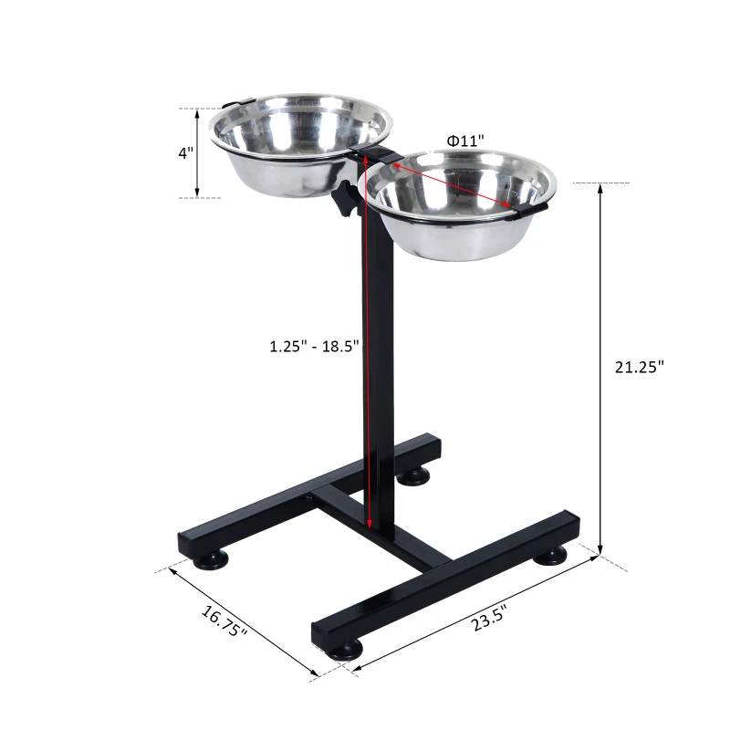 PawHut 24" Stainless Steel Adjustable Height Elevated Double Diner Dog Bowls - Silver/Black