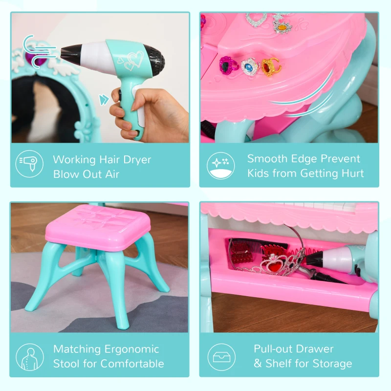 Qaba 2 In 1 Musical Piano Kids Dressing Table Set, 32 PCS Vanity Make Up Desk, Children Pretend Toy, with Beauty Kit, Mirror, Stool, Light, for 3-6 Years Old, Pink, Blue