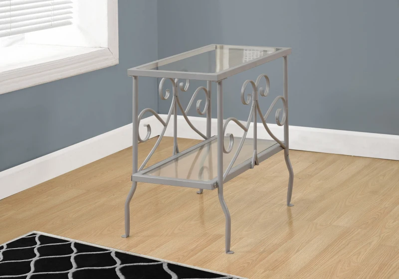 Monarch 22" Traditional Metal Scroll Design Tempered Glass 2-Tier Shelf Accent Side End Table - Silver Finish