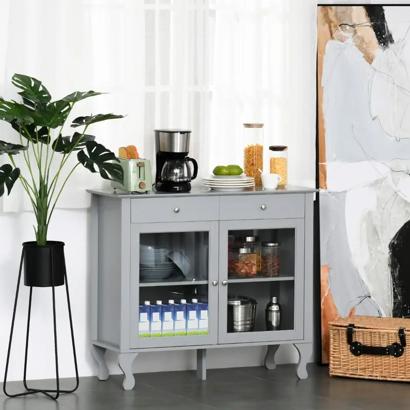 HOMCOM Retro Style Kitchen Sideboard, Buffet Cabinet, Cupboard with Glass Doors and Drawers, Adjustable Shelves for Living Room