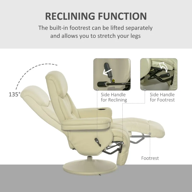 HOMCOM Manual Recliner, Swivel Lounge Armchair with Side Pocket, Footrest and Cup Holder, Cream White