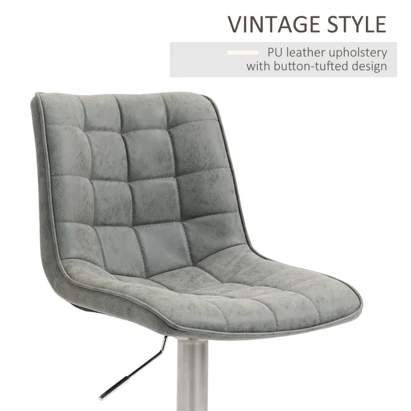 HOMCOM Vintage PU Leather Bar Stool with Stainless Steel Base, Adjustable Counter Height Bar Chair Swivel Barstool with Back, Footrest, Grey