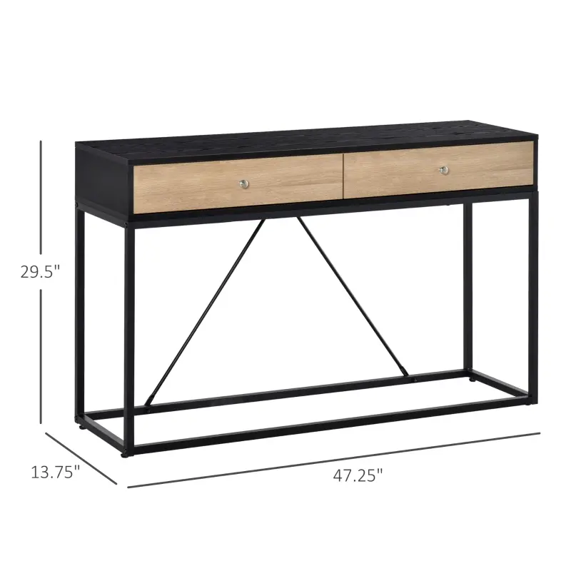 HOMCOM Console Table, Hallway Table with 2 Drawers,  Steel Frame Sofa Table for Entrance and Living Room, Black