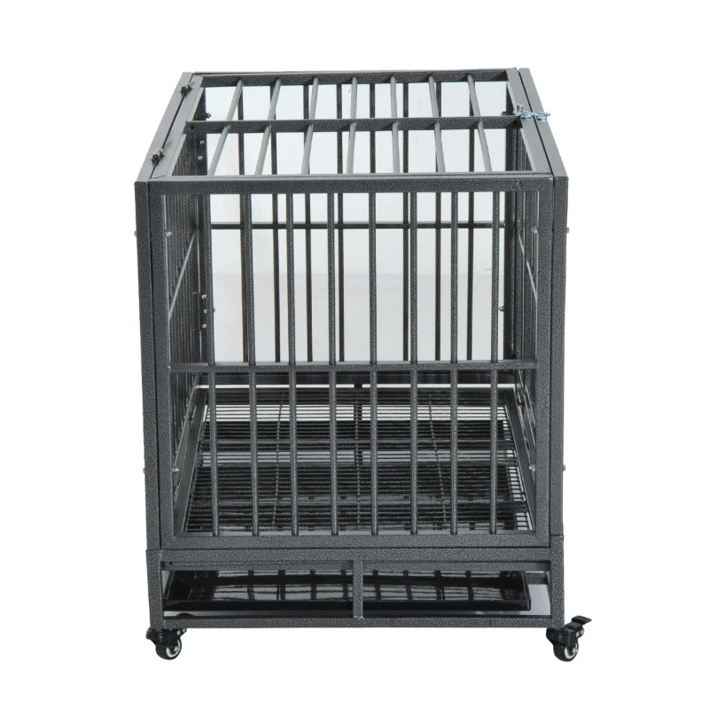 PawHut 36" Heavy Duty Dog Crate Metal Cage Kennel with Lockable Wheels, Double Door and Removable Tray, Gray