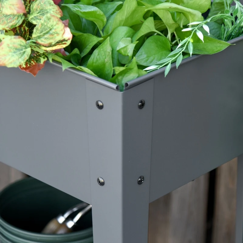 Outsunny 43" x 17" x 32" Raised Garden Bed Elevated with Wheels, Metal Elevated Planter Box with Bottom Shelf for Storing Tools & Water Drainage Hole, Grey