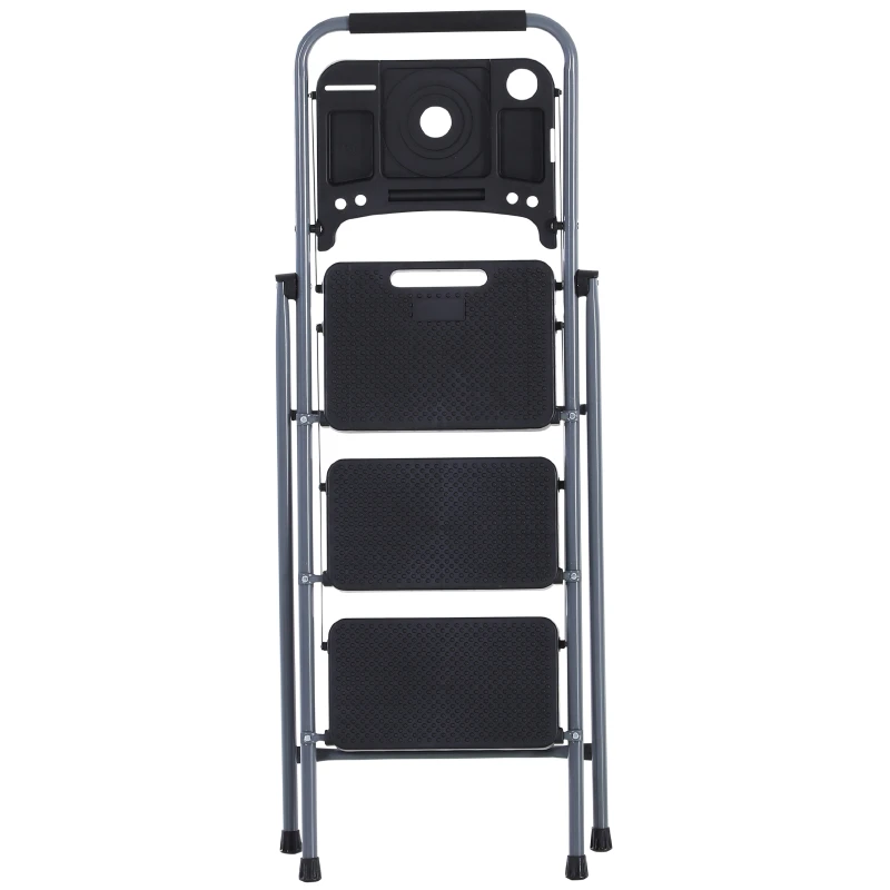 HOMCOM Foldable 3-Step Steel Ladder with Tool Tray  Handgrip  Anti-Slip Pads Grey and Black