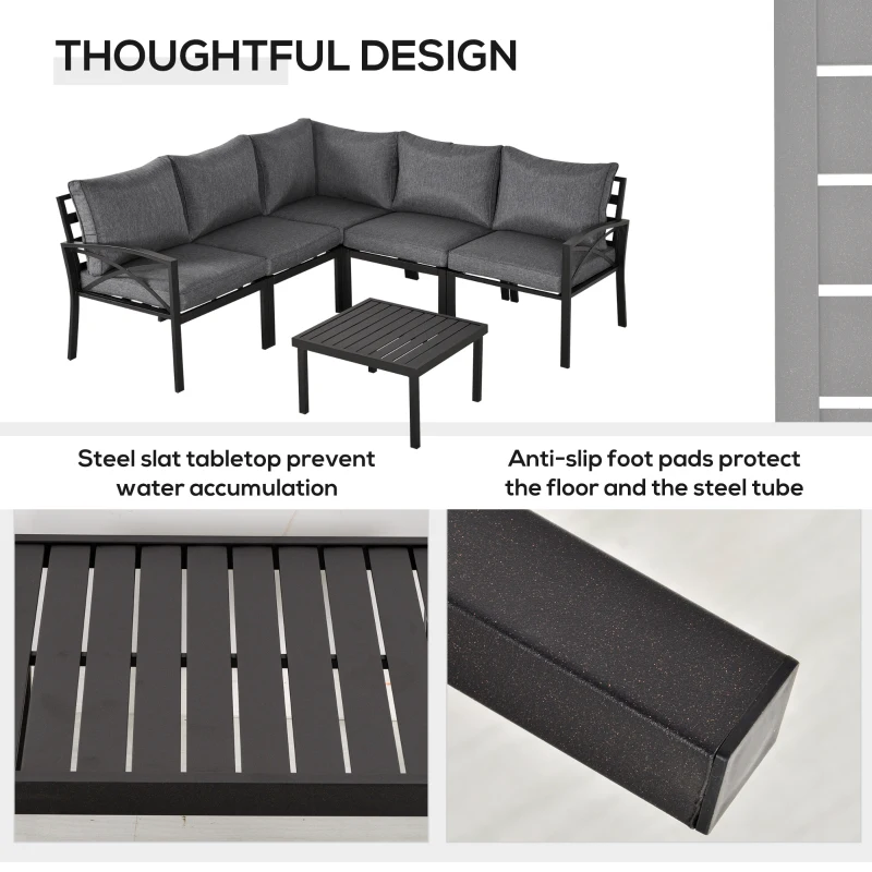 Outsunny 6-Piece Patio L-Shaped Sofa Conversation Set with Coffee Table, Water-Fighting Materials, & Comfort, Grey
