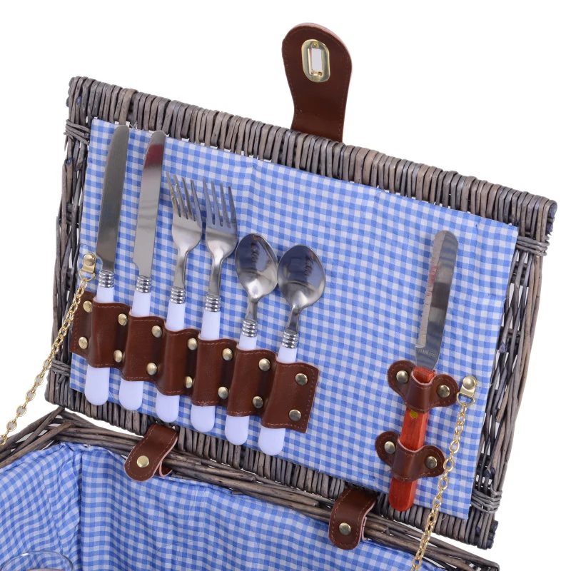 Outsunny Double-Lid Wicker Picnic Basket for 4 People Cutlery Plate Wine Glass