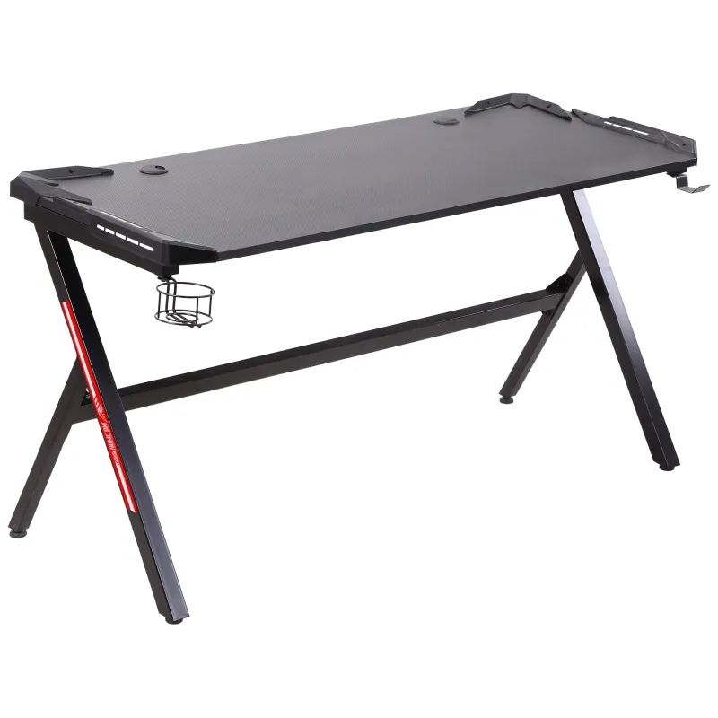 HOMCOM 55" Gaming Desk Racing Style Computer Table with LED Light Cup Gamepad Holder Headphone Hook Cable Management E-sport Study Workstation, Black