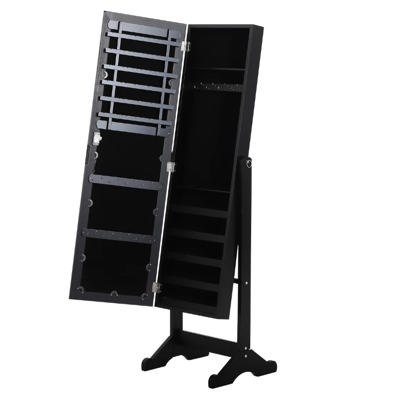 HOMCOM Mirrored Jewellery Cabinet Armoire Stand Organizer for Rings Earrings Bracelets Lockable Black