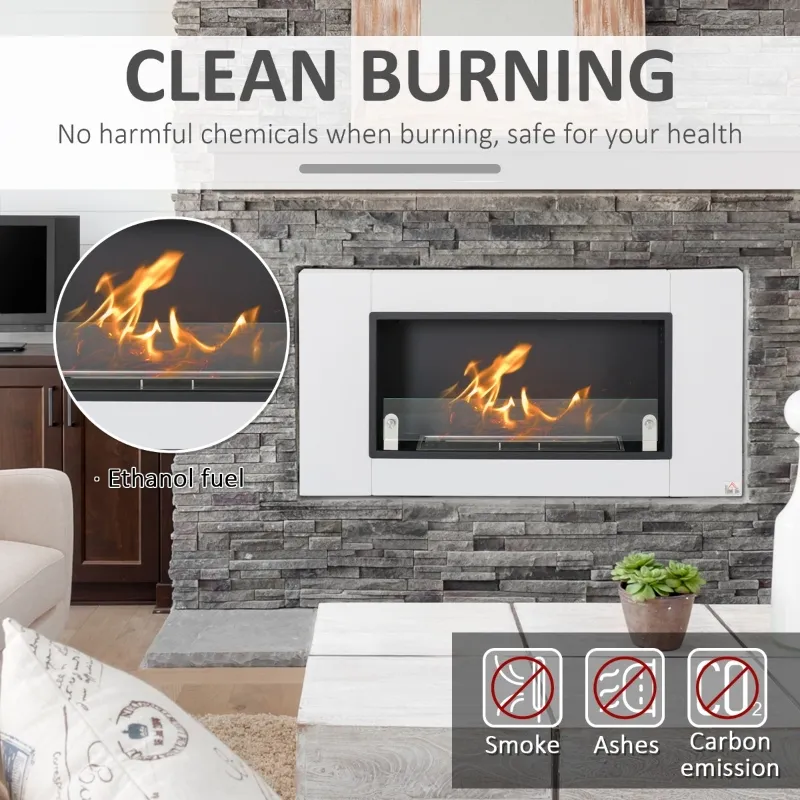 HOMCOM Ethanol Fireplace, 43.25" Wall-Mounted 0.73 Gal Stainless Steel Max 323 Sq. Ft., Burns up to 4 Hours, White