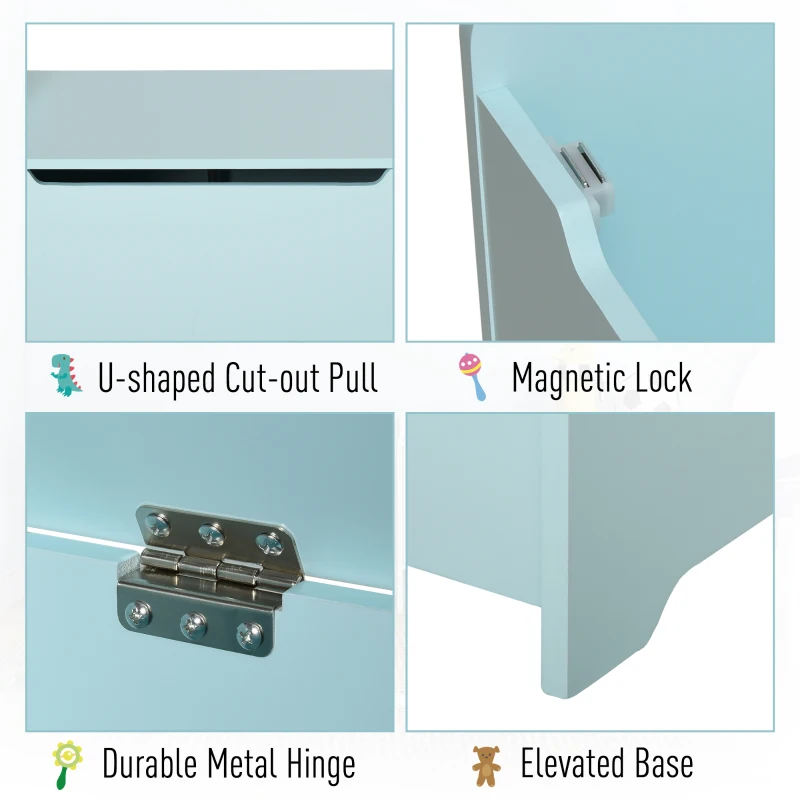 Qaba Kids Toy Chest Wooden Toy Storage Organizer Chest Box with Magnetic Hinge, Large Storage Space, & Groove Handle, Blue