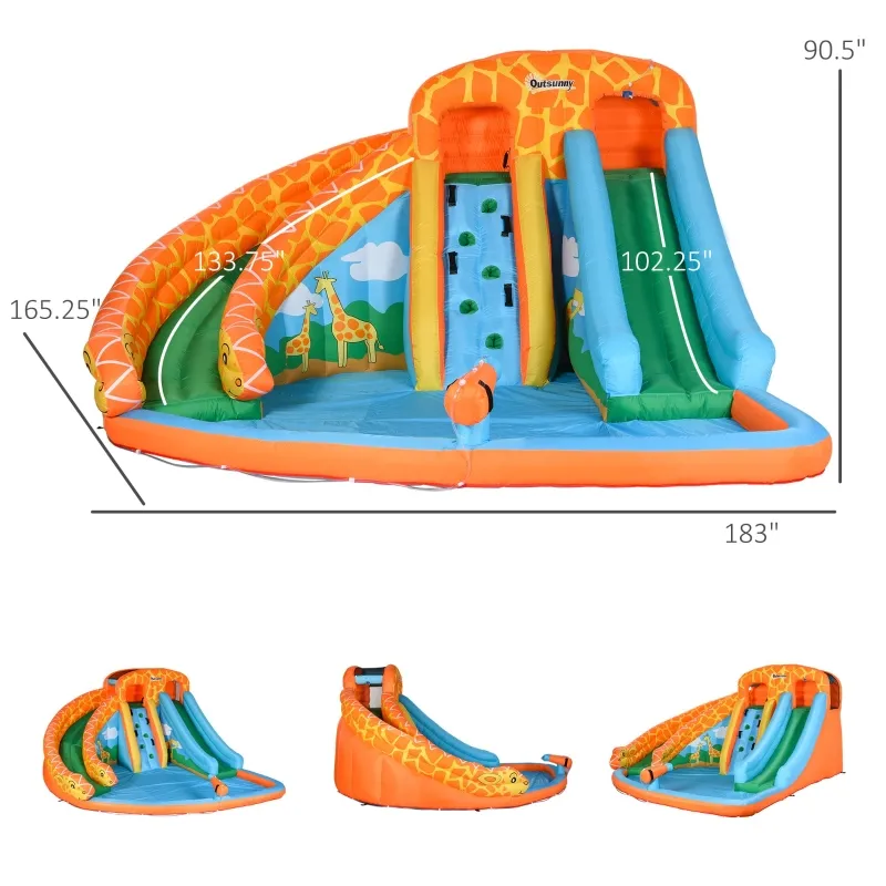 Outsunny Giraffe Style Kids Inflatable Water Slide 4 in 1 Bounce House Slide Pool Gun Climbing Wall with 750W Air Blower for Summer Playland