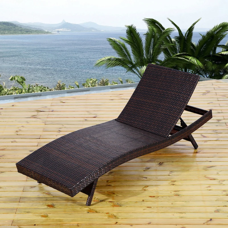 Outsunny Patio Wicker Lounger Chair, Outdoor PE Rattan Foldable Chaise Chair with 5 Position Adjustable Back, Padded Cushion, Cream