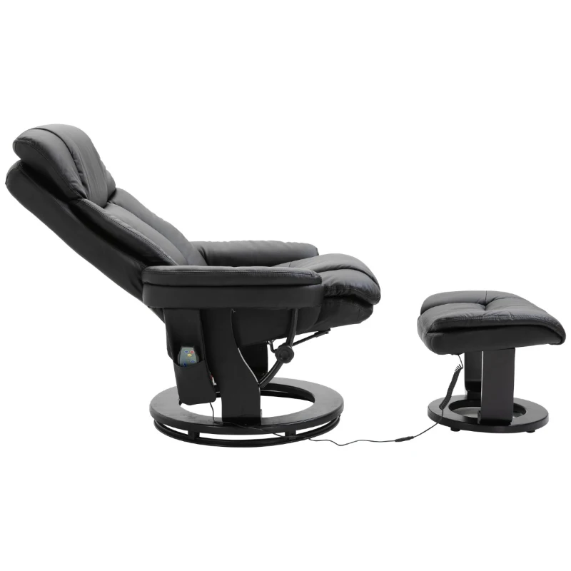 HOMCOM PU Leather Massage Sofa Recliner Chair with Ottoman Heated 10 Point Vibration Swiveling Armchair, Black