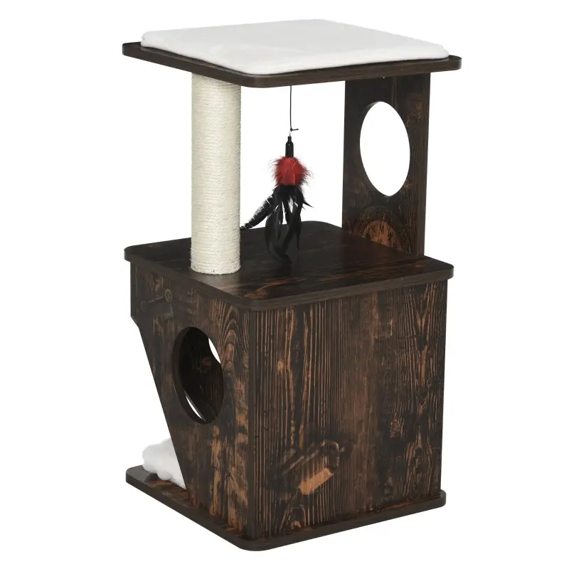 PawHut 2-Level Cat Tree Wooden Activity Tower for Pets with Super Soft Cushions, Fun Cat Feather Rope, and Scratch Posts