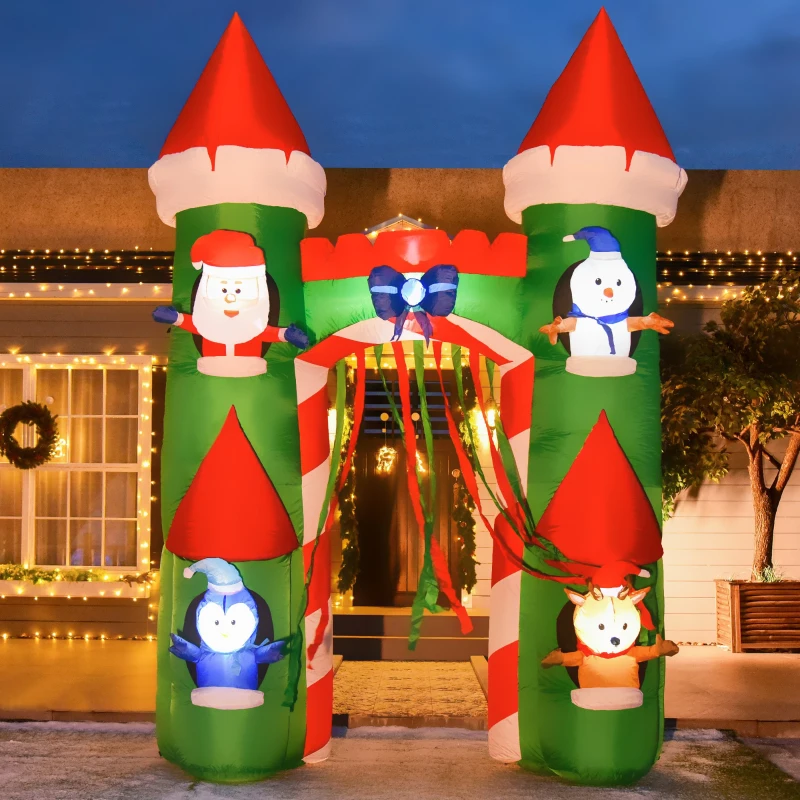 HOMCOM 11 ft LED Lit Inflatable Christmas Arch, Outdoor Holiday Light Yard Display with Santa Claus, Snowman, Reindeer, Gingerbread Man and Penguin