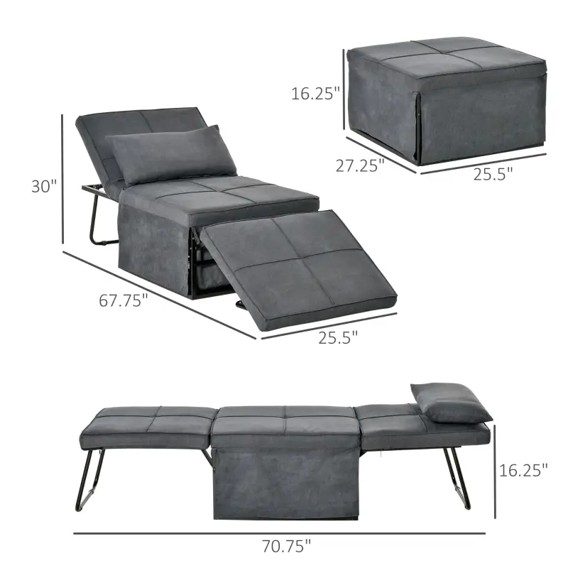 HOMCOM 4-in-1 Multi Function Folding Single Sofa Bed with Retractable Footrest, Convertible Sleeper with Adjustable Backrest For Living Room and Small Spaces, Dark Grey