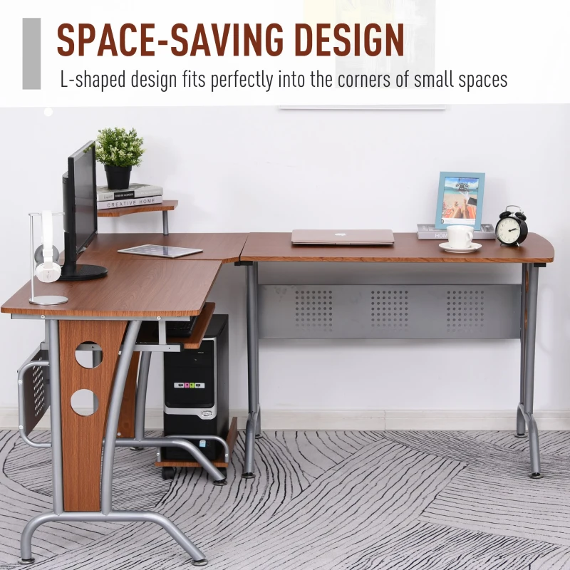 HOMCOM L-Shaped Corner Computer Office Desk Workstation with Elevated Shelf, Rolling Keyboard Tray, & Convenient CPU Stand, Brown