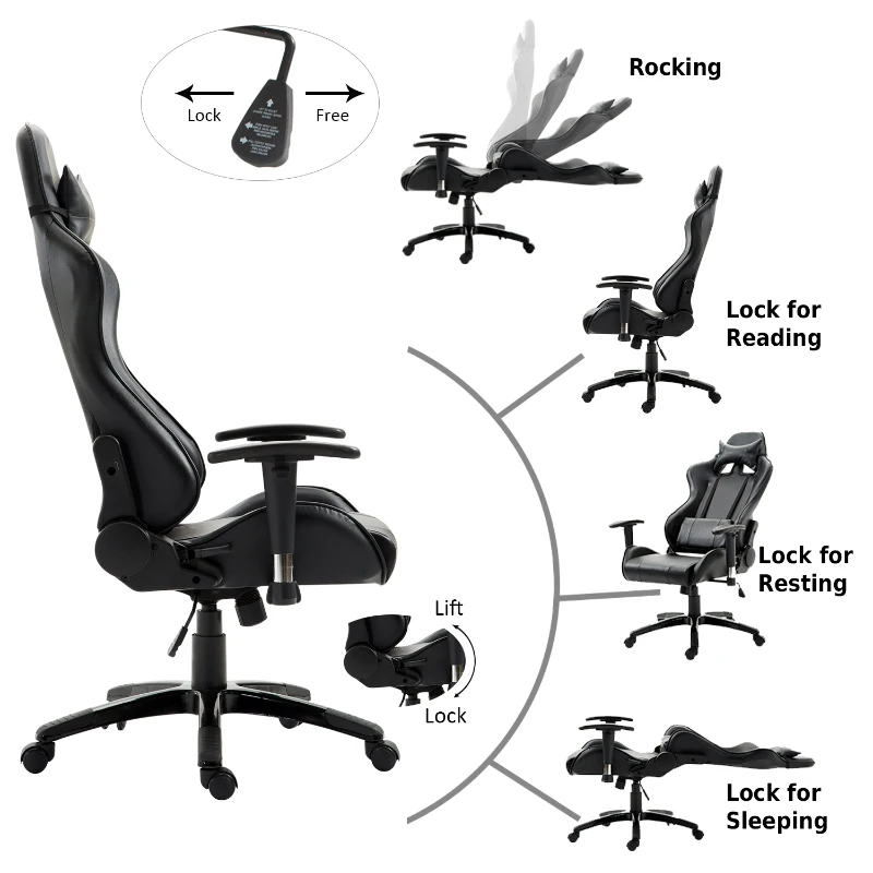 HOMCOM Executive Gaming Racing Office Chair Ergonomic Recliner Adjustable Swivel PU Padded Home Office Black