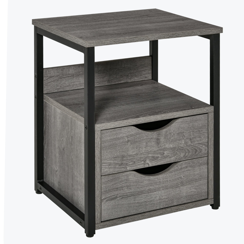 HOMCOM 20" Side Table Bedroom Night Stand Organizer w/ Storage Drawers & Shelf, Grey