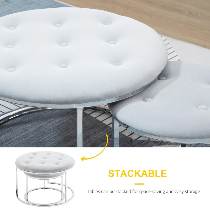 HOMCOM Nesting Coffee Table Set of 2, Round End Tables with Velvet-Feel Button Tufted Top for Living Room, Home Office, Grey