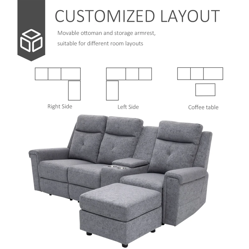 HOMCOM Modern L-Shaped Sectional with Chaise, 3 Seater Manual Recliner with Ottoman, Storage Console, Cup Holders, USB Charging, Gray